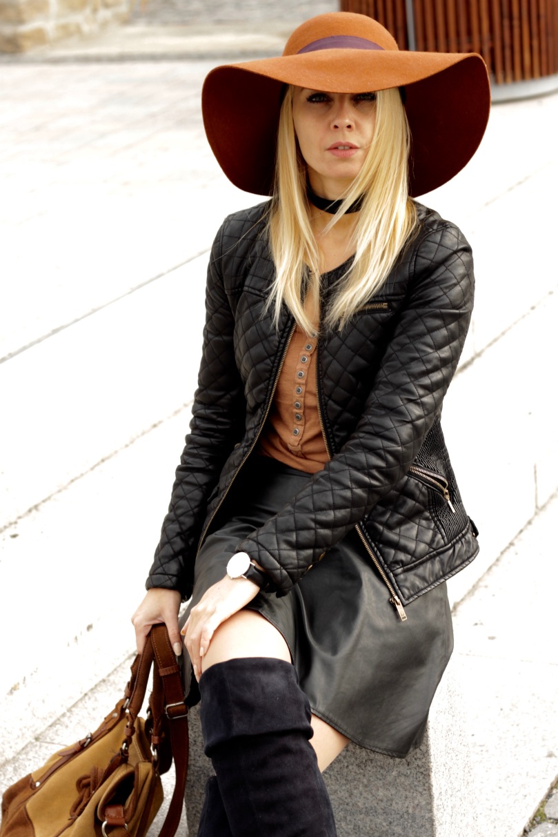 city chic outfit black leather brown hat